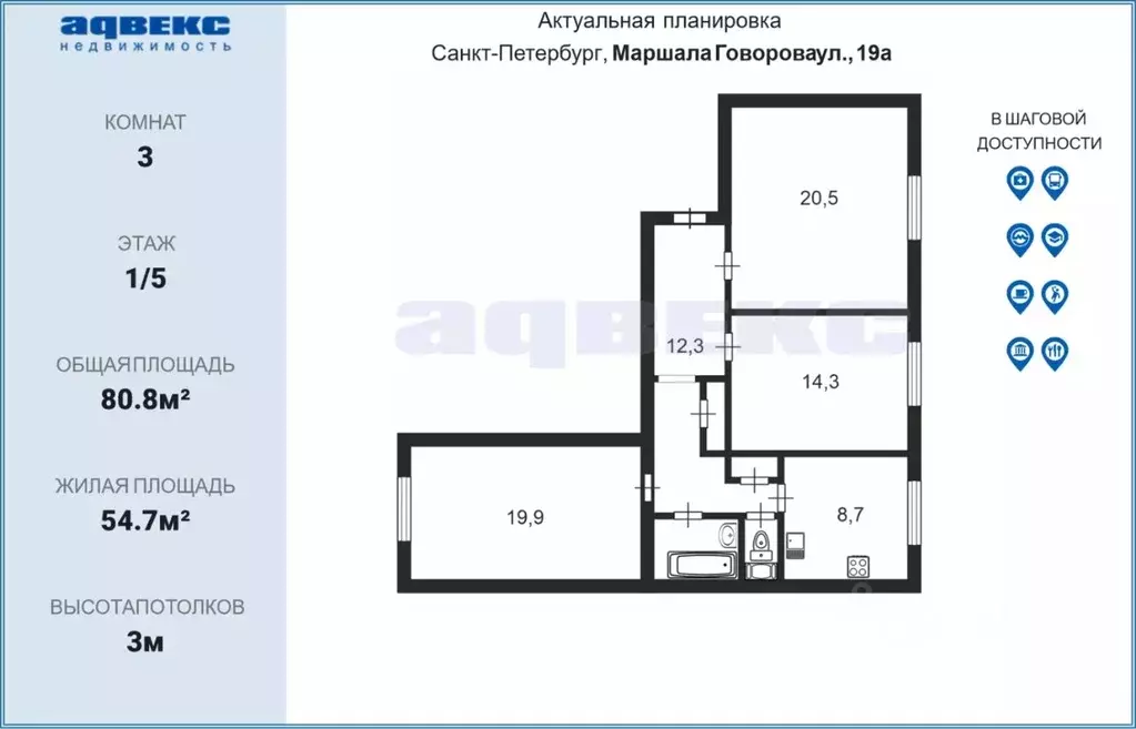 3-к кв. Санкт-Петербург ул. Маршала Говорова, 19 (80.8 м) - Фото 1