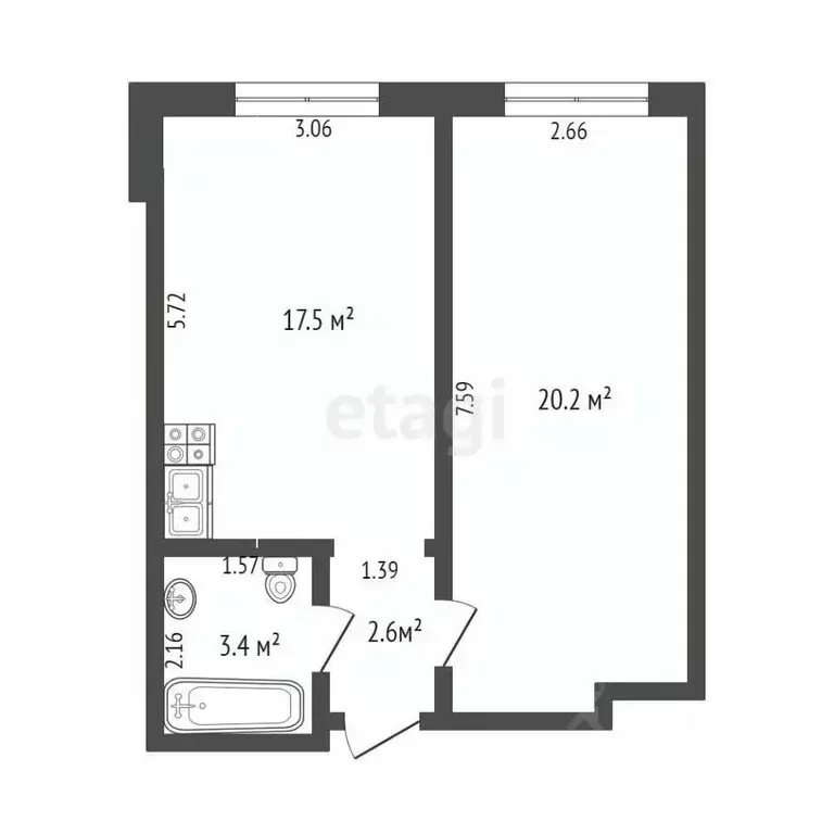 1-к кв. Омская область, Омск ул. Рокоссовского, 20к2 (43.7 м) - Фото 1