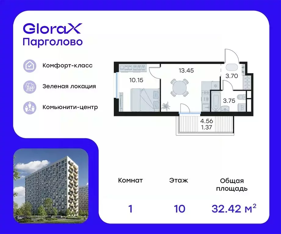 1-к кв. Санкт-Петербург пос. Парголово, Глоракс Парголово жилой ... - Фото 0