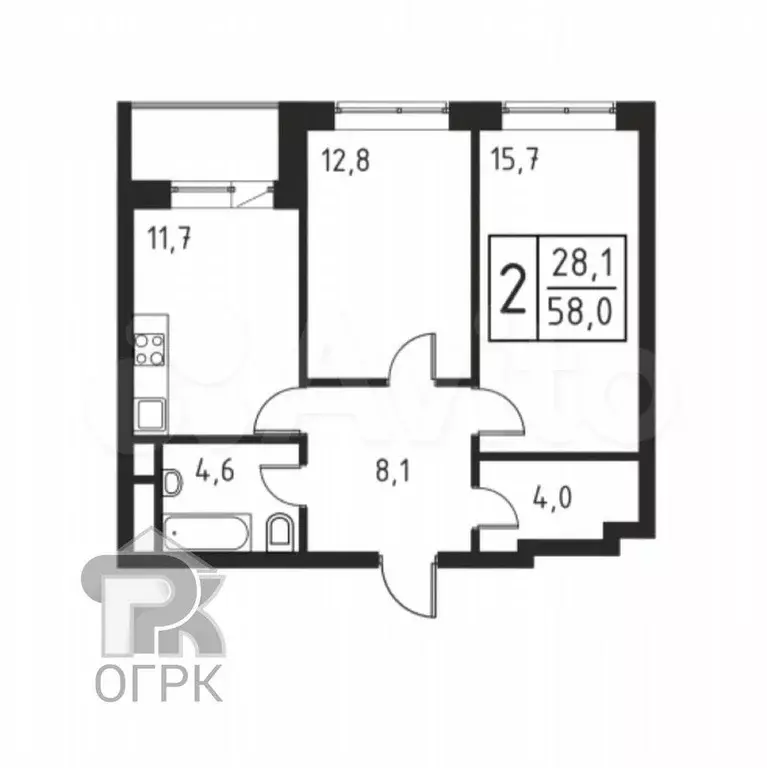 2-к. квартира, 58,4 м, 8/24 эт. - Фото 0