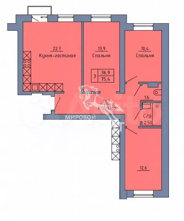 3-к. квартира, 75,4 м, 3/4 эт. - Фото 0