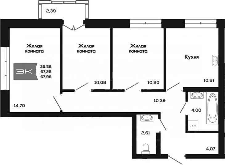 3-к кв. Новосибирская область, Новосибирск ул. Костычева, 36 (68.0 м) - Фото 1