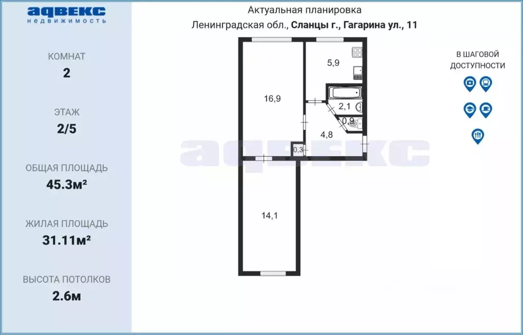 2-к кв. Ленинградская область, Сланцы ул. Гагарина, 11 (45.3 м) - Фото 1