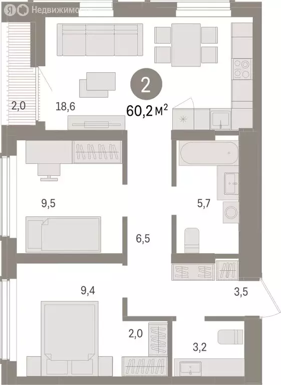 2-комнатная квартира: Новосибирск, улица Аэропорт (60.16 м) - Фото 1