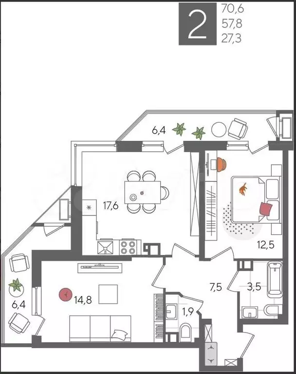 2-к. квартира, 70м, 5/24эт. - Фото 1