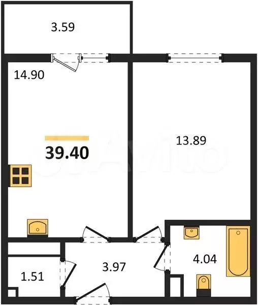 1-к. квартира, 39,4 м, 14/16 эт. - Фото 1