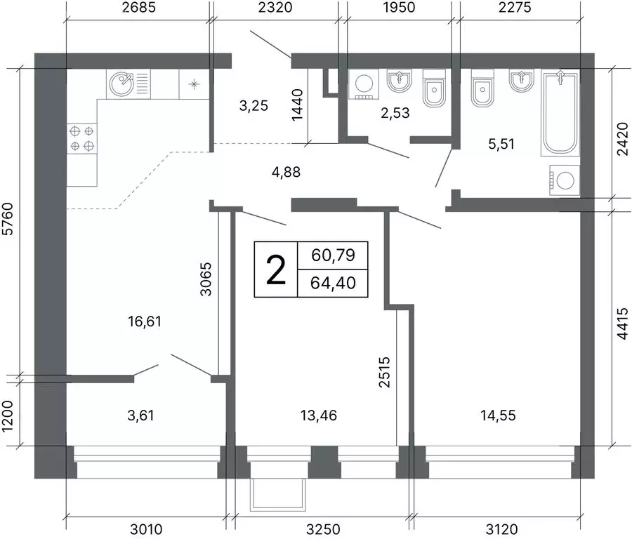 2-комнатная квартира: Екатеринбург, улица Мира, 47/7 (64.3 м) - Фото 2