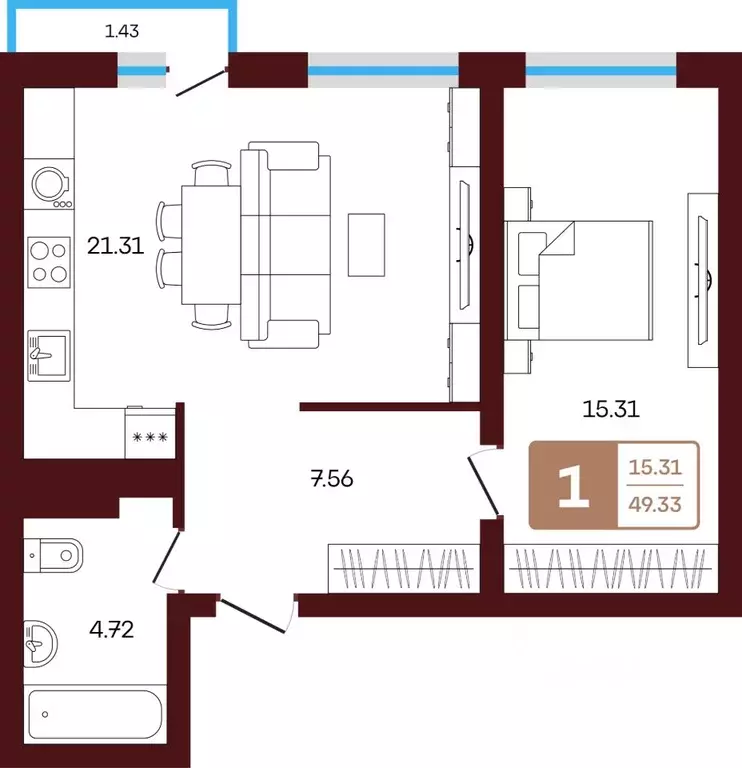 2-к кв. Башкортостан, Иглинский район, с. Акбердино  (47.09 м) - Фото 1