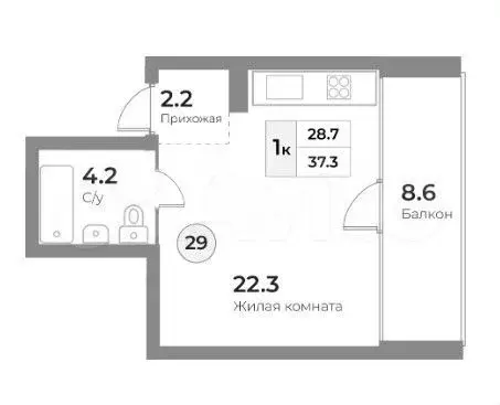 Апартаменты-студия, 37,3 м, 1/5 эт. - Фото 1