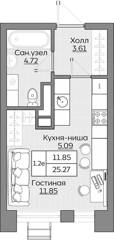 1-комнатная квартира: Казань, ЖК Батталовский (25.27 м) - Фото 0