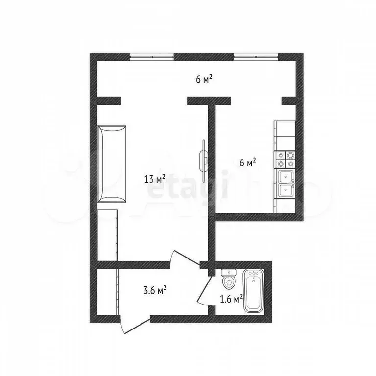 1-к. квартира, 30 м, 2/7 эт. - Фото 0