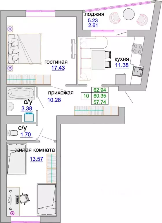 2-к кв. Калининградская область, Зеленоградск ул. Тургенева, 16А (60.6 ... - Фото 0