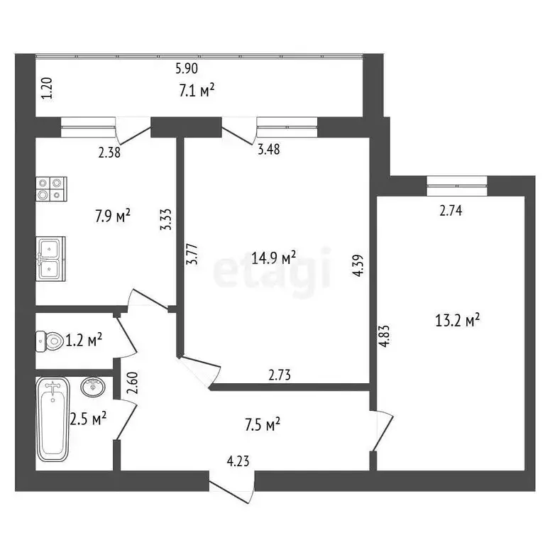 2-комнатная квартира: Стерлитамак, улица Артёма, 23 (47.2 м) - Фото 1