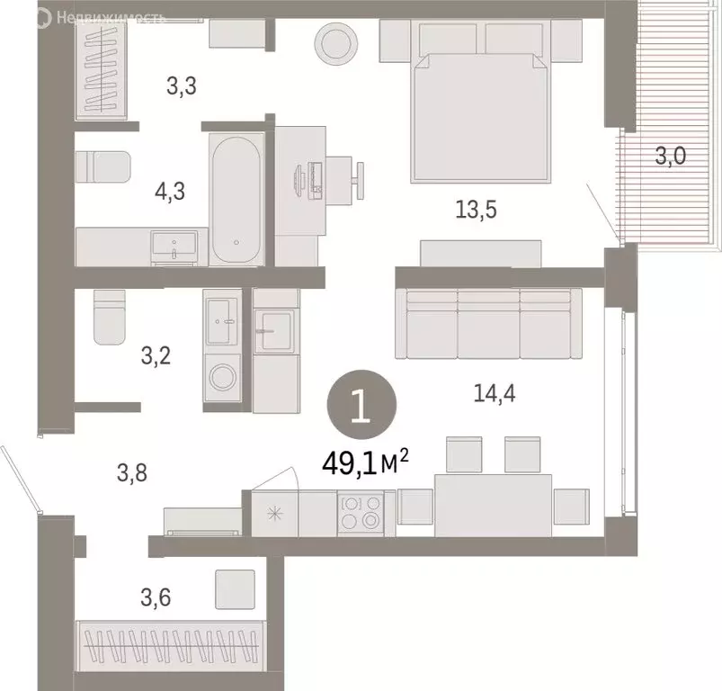 1-комнатная квартира: Тюмень, Ленинский округ (49.06 м) - Фото 1