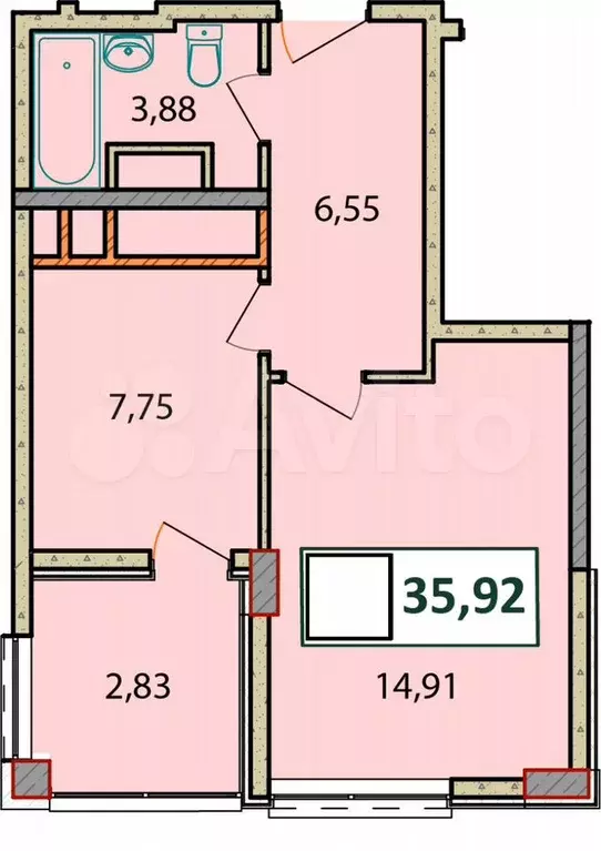 2-к. квартира, 35,9 м, 6/9 эт. - Фото 1