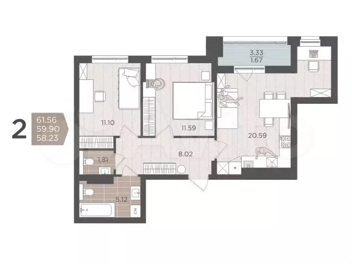 2-к. квартира, 59,9 м, 6/9 эт. - Фото 1