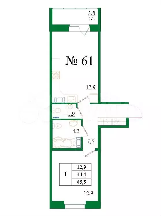 1-к. квартира, 45,5 м, 7/8 эт. - Фото 0