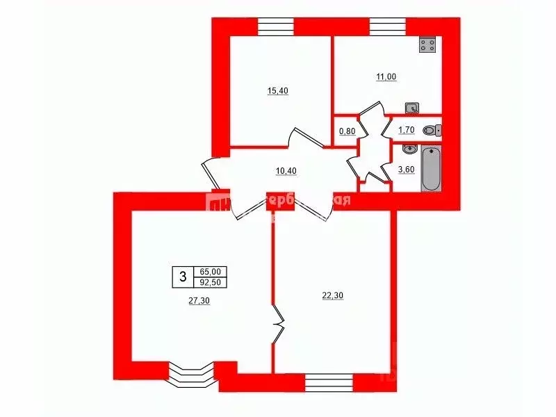 3-к кв. Санкт-Петербург Новгородская ул., 28 (92.5 м) - Фото 1