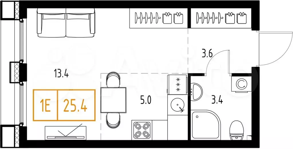 Квартира-студия, 25,4 м, 4/9 эт. - Фото 1