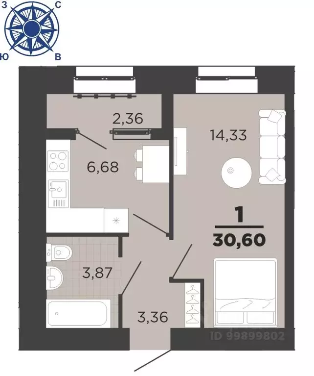 1-к кв. Рязанская область, Рязань ул. Семчинская, 8 (30.6 м) - Фото 1