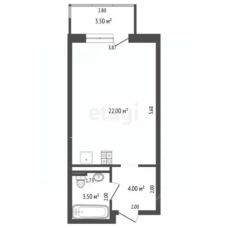 Студия Тюменская область, Тюмень ул. 2-я Луговая, 24к2 (27.7 м) - Фото 2