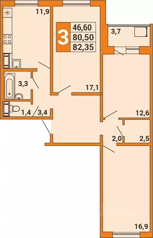 3-к кв. Башкортостан, Уфа ул. Орджоникидзе, 34 (81.6 м) - Фото 0