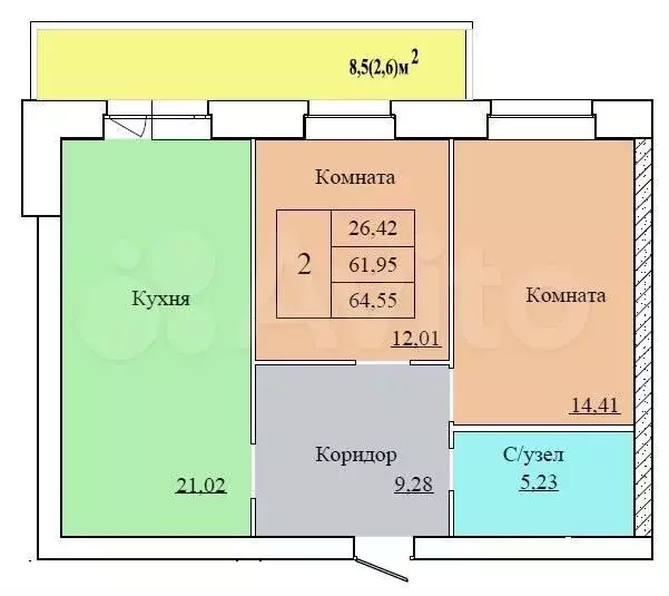 2-к. квартира, 64,6 м, 1/12 эт. - Фото 0