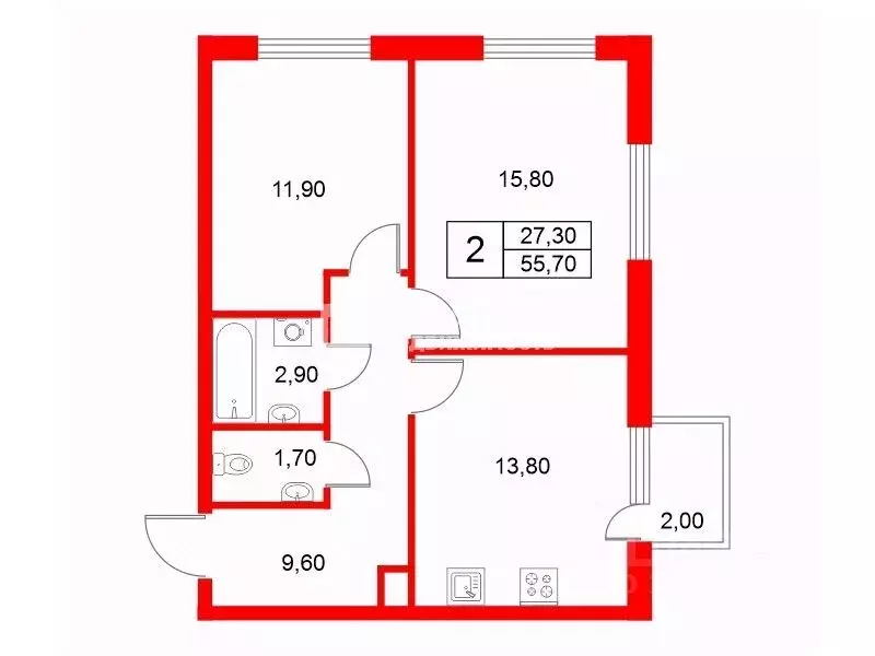 2-к кв. Санкт-Петербург ш. Суздальское, 30к2с1 (55.7 м) - Фото 2