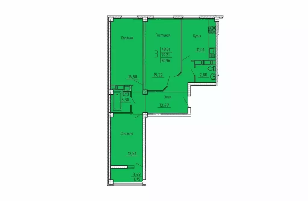 Квартира, 3 комнаты, 80.95 м - Фото 1