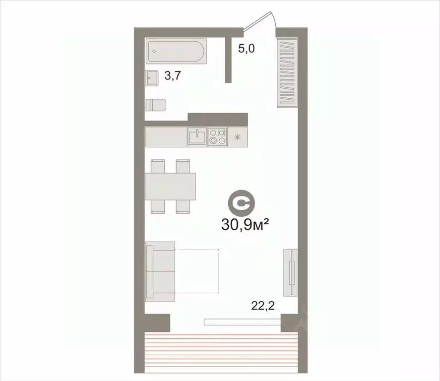 Студия Новосибирская область, Новосибирск ул. Фадеева, 66/7 (30.9 м) - Фото 2