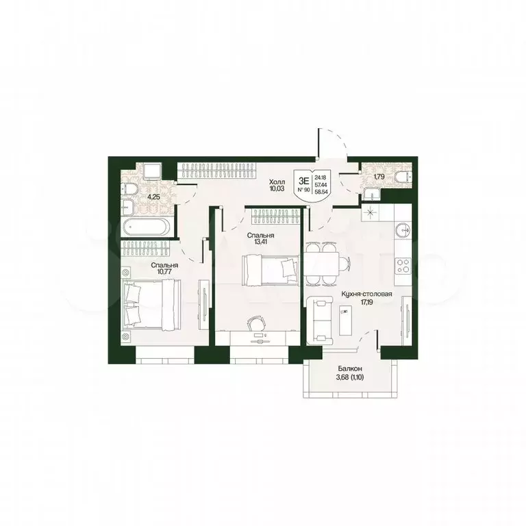 2-к. квартира, 58,5 м, 2/4 эт. - Фото 0