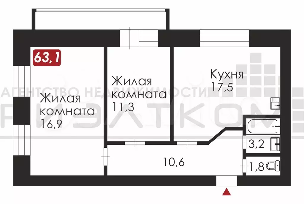 3-к. квартира, 63,1 м, 7/9 эт. - Фото 0