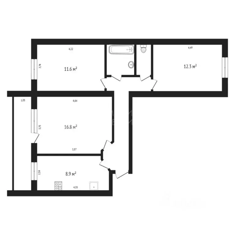 3-к кв. Тюменская область, Тюменский муниципальный округ, пос. ... - Фото 2