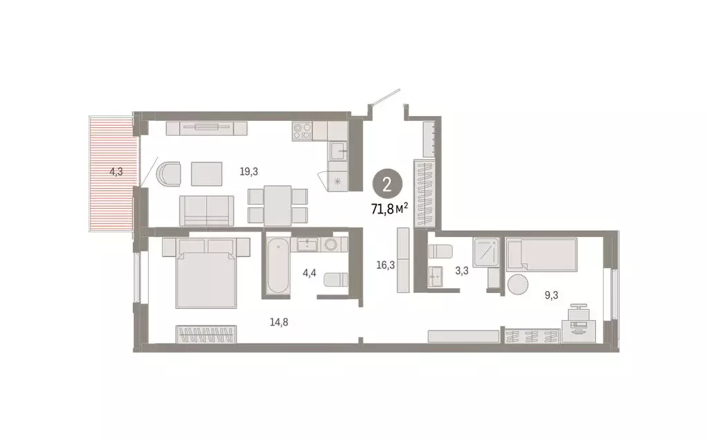 2-комнатная квартира: Омск, Кировский округ (71.77 м) - Фото 2