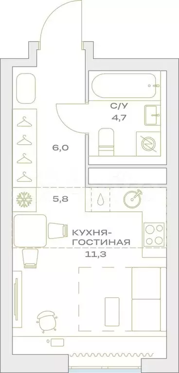 Квартира-студия, 27,8 м, 10/23 эт. - Фото 1