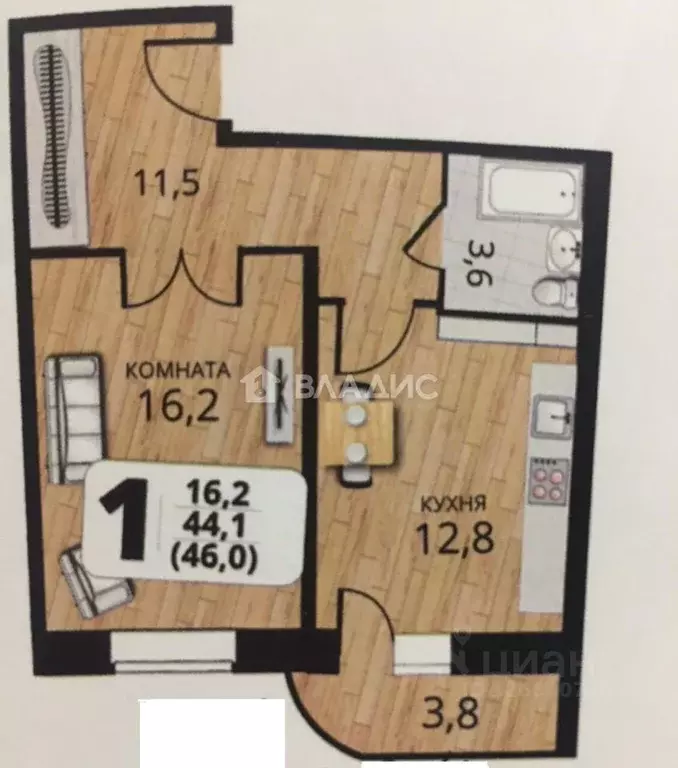 1-к кв. Владимирская область, Владимир Офицерская ул., 1Ак3 (46.0 м) - Фото 2