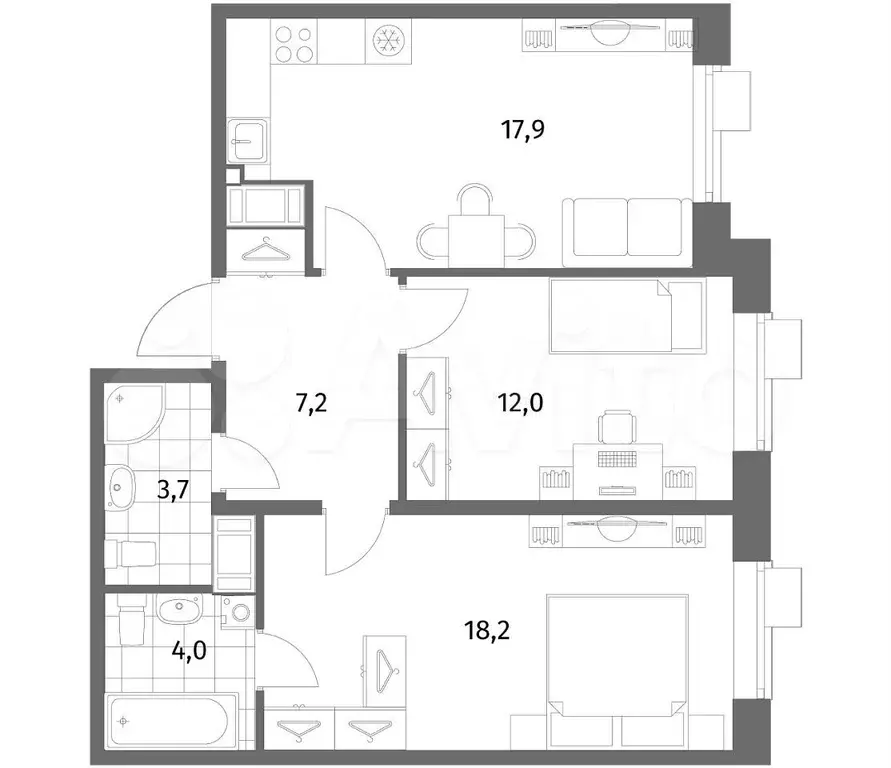 2-к. квартира, 63 м, 7/8 эт. - Фото 1