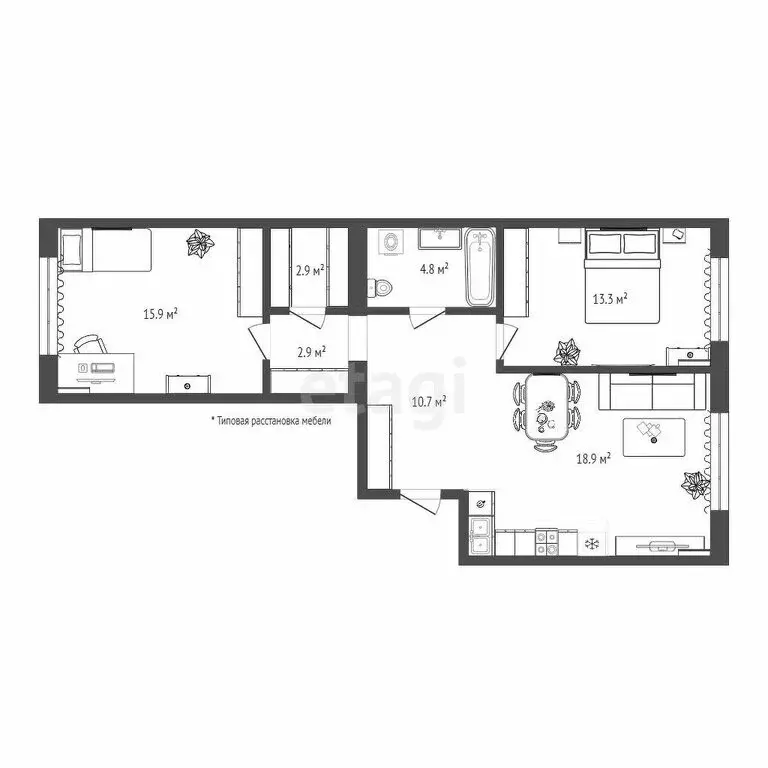 2-комнатная квартира: Тюмень, Новгородская улица, 20 (69.6 м) - Фото 1