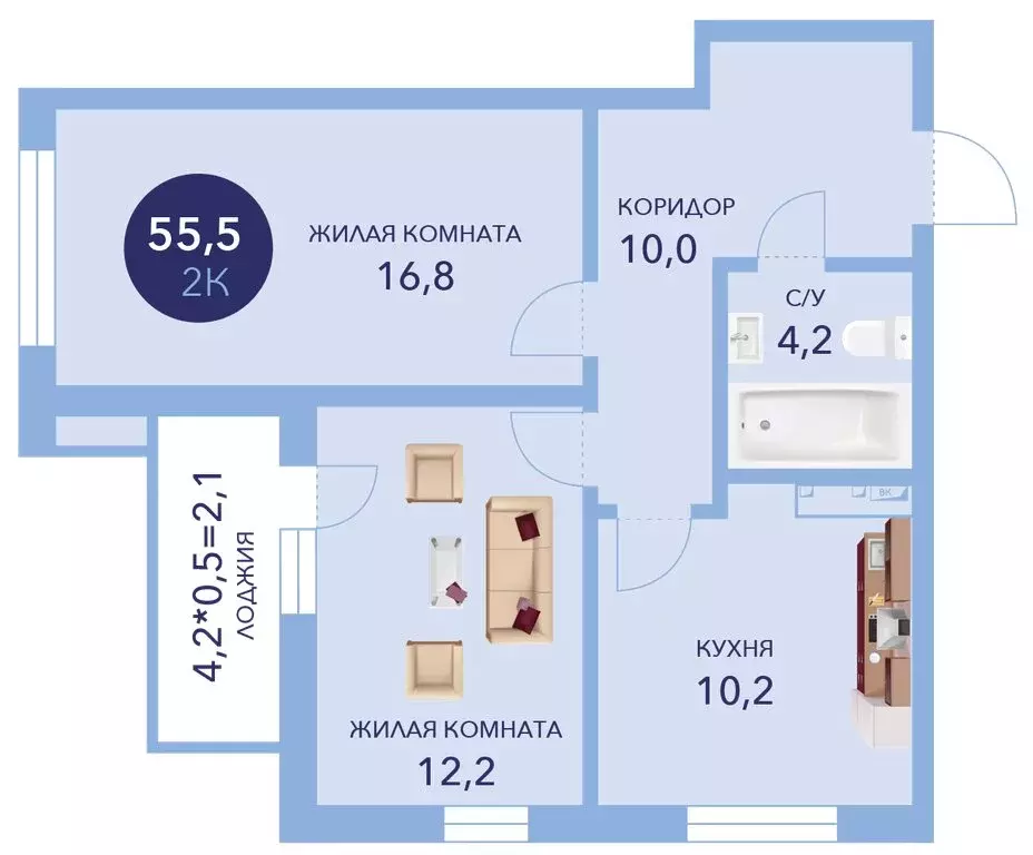 2-комнатная квартира: Анапа, улица Ленина, 241к1 (55.5 м) - Фото 0