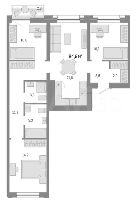 4-к. квартира, 84,9 м, 3/8 эт. - Фото 0