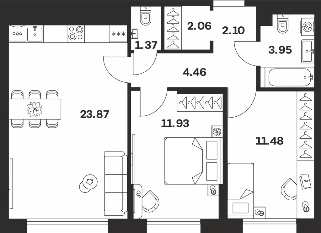 2-к кв. Тульская область, Тула Жукова Парк жилой комплекс (61.22 м) - Фото 1