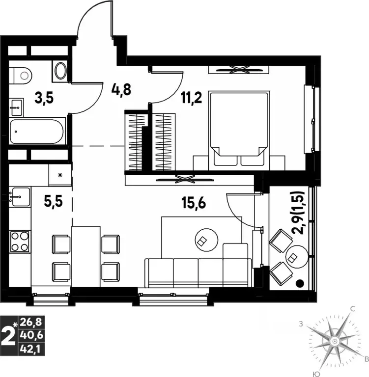 Студия Пермский край, д. Кондратово просп. Дягилева, 3 (42.1 м) - Фото 1