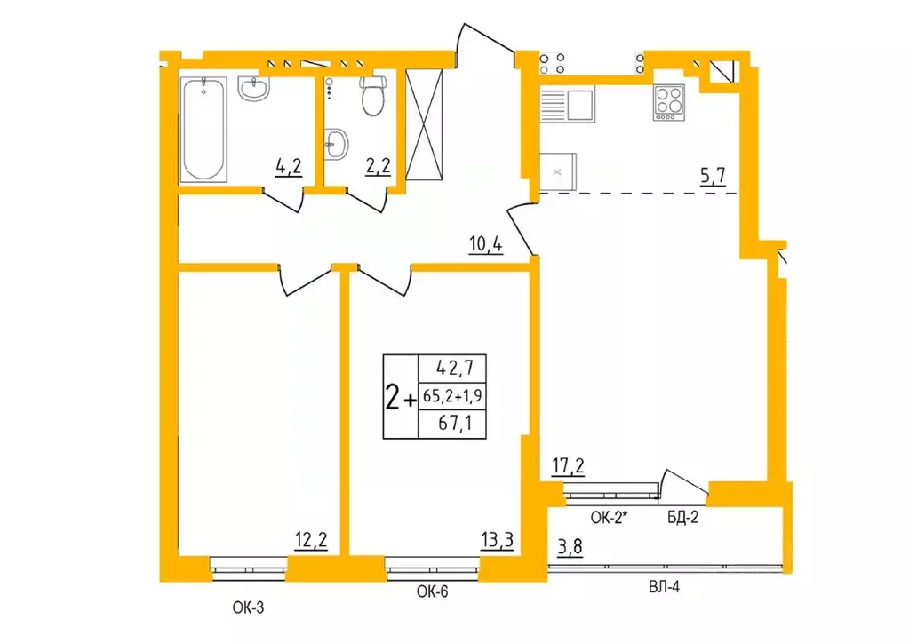2-к кв. Башкортостан, Уфа Инорс-4Б мкр, Акварель жилой комплекс (67.1 ... - Фото 1