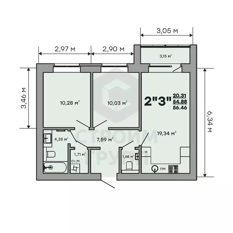 2-комнатная квартира: Ковров, улица Строителей, 43/1 (56.46 м) - Фото 1