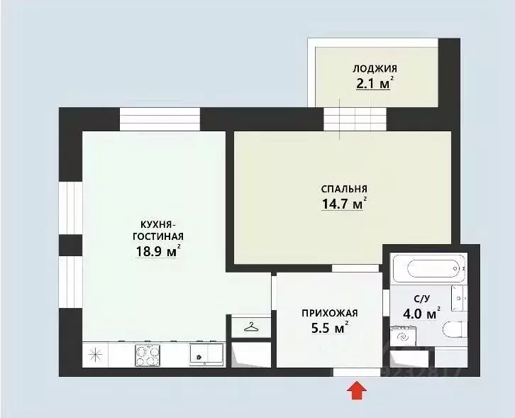 Квартира, 1 комната, 45.2 м - Фото 0
