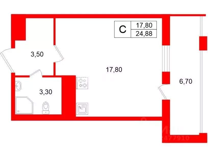 Студия Санкт-Петербург Парашютная ул., 71к2 (24.88 м) - Фото 2