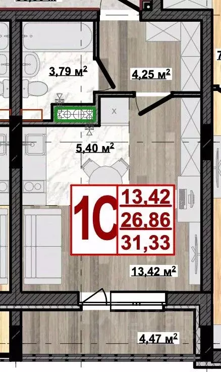 Студия Владимирская область, Владимир ул. Жуковского, 10 (31.33 м) - Фото 1