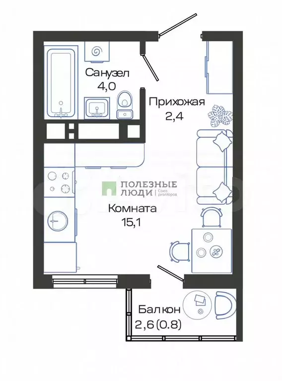 Квартира-студия, 22 м, 17/24 эт. - Фото 1