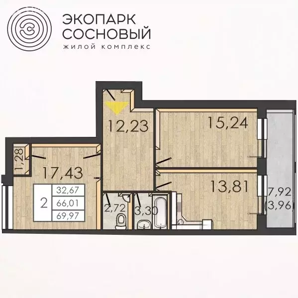 2-комнатная квартира: Пермь, улица Борцов Революции, 1Ак6 (65.8 м) - Фото 0