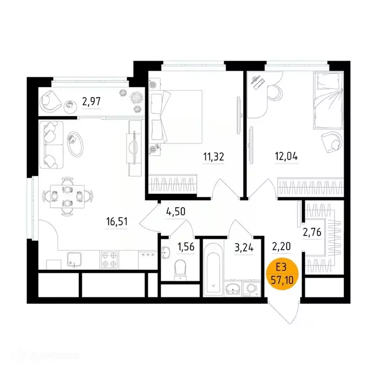 2-к кв. Рязанская область, Рязань ул. Земнухова, 2 (57.1 м) - Фото 0